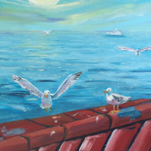Seagulls and sea.